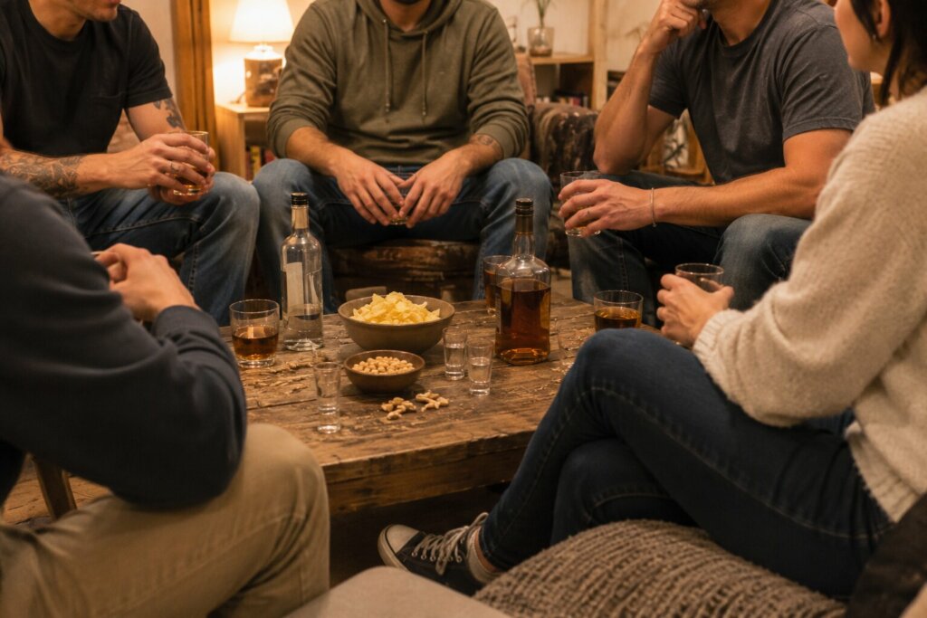 Soirée alcoolisée entre amis autour d’une table basse avec bouteilles d’alcool fort et verres