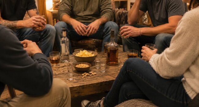 Soirée alcoolisée entre amis autour d’une table basse avec bouteilles d’alcool fort et verres