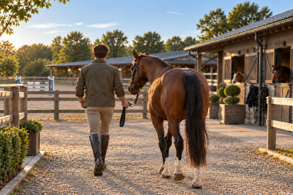 Cavalier conduisant un cheval à la longe dans un centre équestre