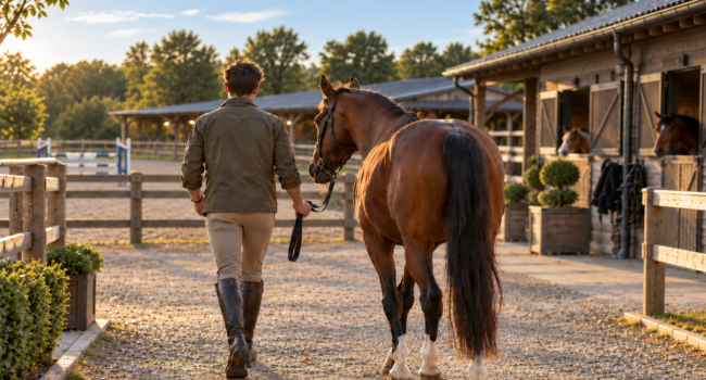 Cavalier conduisant un cheval à la longe dans un centre équestre